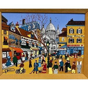 French Street Scene Painting Sacre Coeur Montmartre Paris Folk Art Style Signed